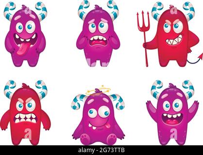 Cartoon monster emoticons set with funny doodle characters of crazy childish beasts isolated on blank background vector illustration Stock Vector