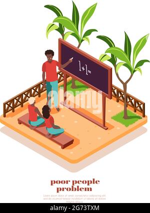 Poor african people studying at small class outdoors isometric composition 3d vector illustration Stock Vector