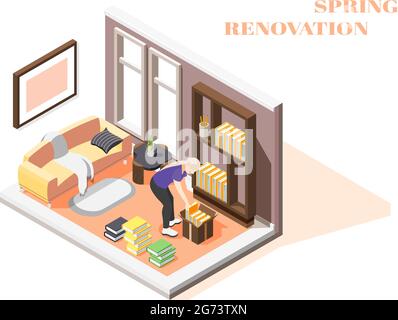 Spring renovation isometric composition with woman performing general cleaning of her room vector illustration Stock Vector