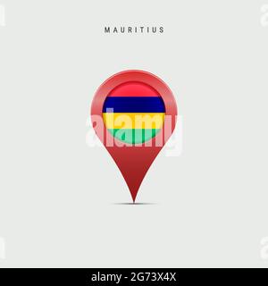 Teardrop map marker with flag of Mauritius. Mauritian flag inserted in the location map pin. Vector illustration isolated on light grey background. Stock Vector
