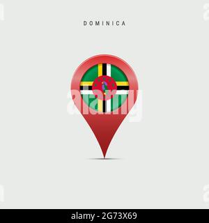 Teardrop map marker with flag of Dominica. Dominica flag inserted in the location map pin. Vector illustration isolated on light grey background. Stock Vector