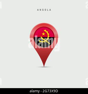 Teardrop map marker with flag of Angola. Angolan flag inserted in the location map pin. Vector illustration isolated on light grey background. Stock Vector