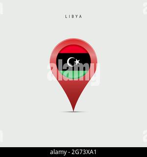 Teardrop map marker with flag of Libya. Libyan flag inserted in the location map pin. Vector illustration isolated on light grey background. Stock Vector