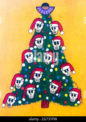 Day of the Dead image; photographic illustration; Christmas tree with decorated with santa skulls. Stock Photo