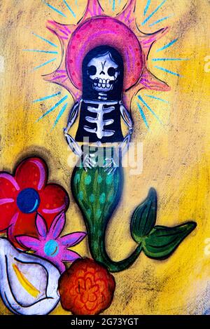 Day of the Dead image; photographic illustration; a female skeleton mermaid. Stock Photo