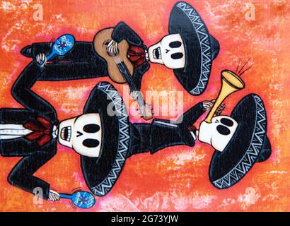 Day of the Dead image; photographic illustration; three Day of the Dead Mariachis. Stock Photo