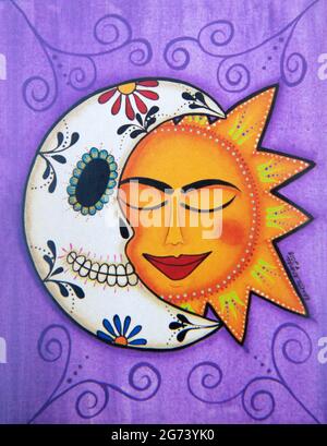 Day of the Dead image; photographic illustration; a Day of the Dead skull moon connected with a yellow/orange sun. Stock Photo