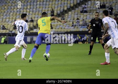 Rio de Janeiro, Rio de Janeiro, Brasil. 10th July, 2021. (SPO) Copa America Final: Argentina and Brazil. July 10, 2021, Rio de Janeiro, Brazil: Soccer match against Brazil, valid for final of Copa America 2021, held at Maracana stadium, in Rio de Janeiro, on Saturday (10). Credit: Leco Viana/TheNews2 Credit: Leco Viana/TheNEWS2/ZUMA Wire/Alamy Live News Stock Photo