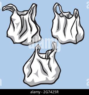 Plastic Bags Illustration Set. Polyethylene Food Packages Plastic Pack, Container Packaging Polythene Cellophane Vector Drawing Stock Vector