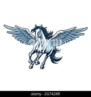 Pegasus Flying Horse. Majestic Pegasus Cartoon Vector Logo Mascot Design Illustration Stock Vector