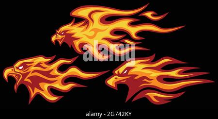 Eagle Head Burning Fire Flame Logo Set Vector Mascot Design Collection Stock Vector