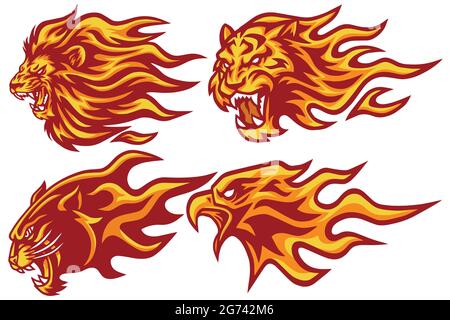 Wild Animals Flaming Flame Heads Set. Lion, Tiger, Jaguar, Panther Eagle - Vector Mascot Logo Design Stock Vector
