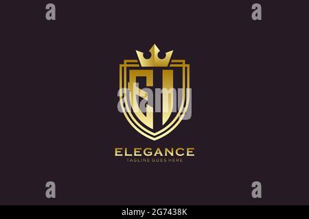 EI elegant luxury monogram logo or badge template with scrolls and royal crown - perfect for luxurious branding projects Stock Vector