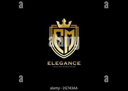 FM elegant luxury monogram logo or badge template with scrolls and royal crown - perfect for luxurious branding projects Stock Vector