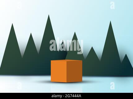 3D realistic brown cube shape with green triangles grass backdrop paper cut style on soft blue background. Vector illustration Stock Vector