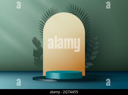 3D realistic elegant blue cylinder on layers rounded backdrop with tropical leaves on green background. You can use for show cosmetic products, stage Stock Vector