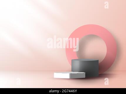 3D realistic pink and gray color geometric round shape stacked podium and circle backdrop with side lighting mockup minimal scene background for cosme Stock Vector