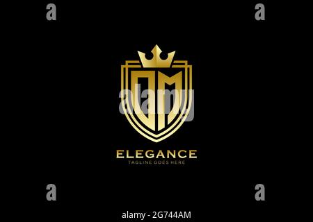 OM elegant luxury monogram logo or badge template with scrolls and royal crown - perfect for luxurious branding projects Stock Vector