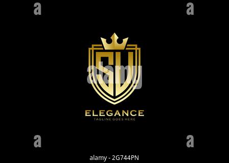SU elegant luxury monogram logo or badge template with scrolls and royal crown - perfect for luxurious branding projects Stock Vector