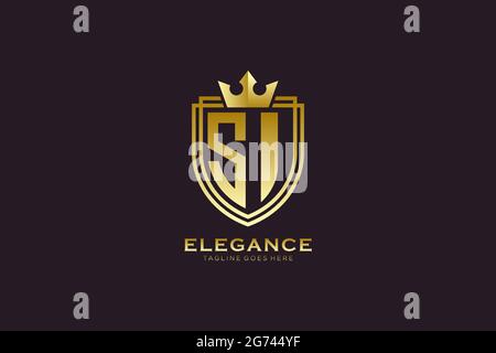 SI elegant luxury monogram logo or badge template with scrolls and royal crown - perfect for luxurious branding projects Stock Vector