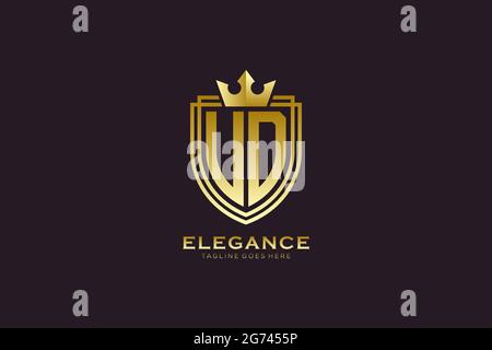 UD elegant luxury monogram logo or badge template with scrolls and royal crown - perfect for luxurious branding projects Stock Vector
