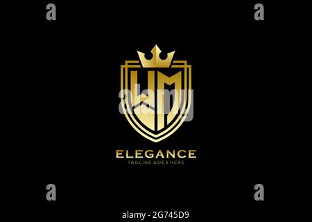 WM elegant luxury monogram logo or badge template with scrolls and royal crown - perfect for luxurious branding projects Stock Vector