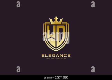 WD elegant luxury monogram logo or badge template with scrolls and royal crown - perfect for luxurious branding projects Stock Vector