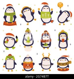 Christmas penguins. Cute holiday winter penguins wearing hat and scarf isolated vector illustration set. Hand drawn xmas penguin characters Stock Vector
