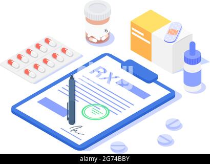 Rx medical prescription with medicines. Vector isometric illustration. Stock Vector