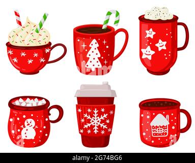 Holiday hot drinks. Christmas winter drinks, latte, cappuccino and hot cocoa with marshmallows vector illustration set. Cozy mugs with christmas Stock Vector