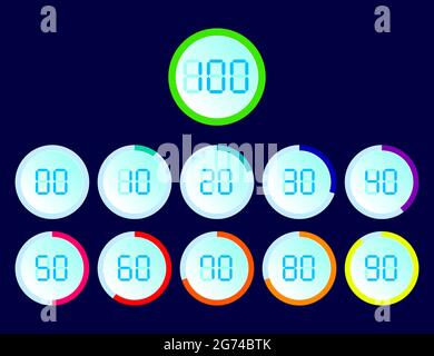 Set of circular sector arc percentage diagrams from 0 to 100 with digital numbers for web design, user interface, infographic Stock Vector