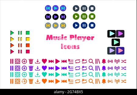 Media Player icons set in different colors. App icons for media player collection, video formats and content. Stock Vector