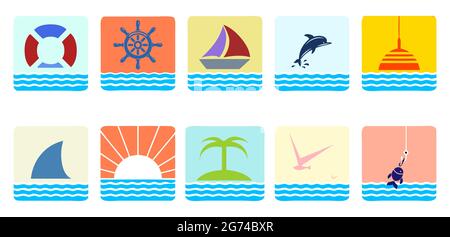 Marine nautical travel icons set. Sea travel elements collection. Marine trip sea set. Stock Vector