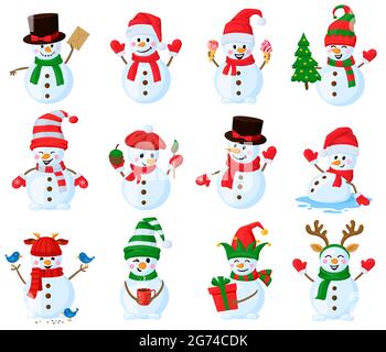 Cute Christmas snowmen. Cartoon winter holidays outdoor snowman characters, vector illustration set. Christmas funny snowmen mascots Stock Vector