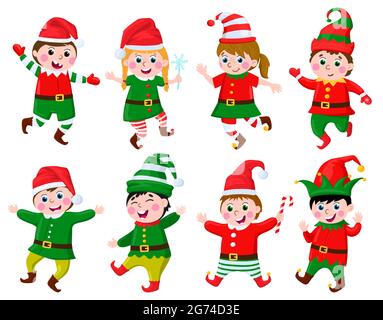 Children in elf costumes. Funny kids wearing Santa Claus helpers elves carnival costumes vector illustration set. Cute little elves characters Stock Vector