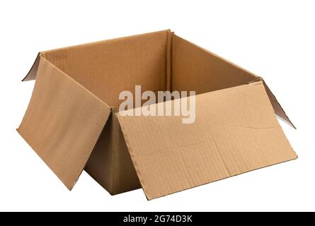 Isolated brown paper box on white background, old opened box, hard crepe paper. Wide and short shape used container big box with some damages. Stock Photo