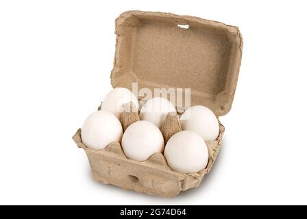 Isolated small package of duck eggs or white shell eggs. Organic ducks egg in opened paper carton, brown paper carton. Pack of six eggs duck container Stock Photo