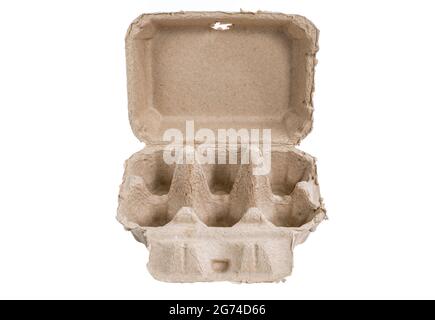Empty egg carton recycle paper, front view, opened, isolated on white background. Small packaging of egg, pack for six. Carton egg's concept for organ Stock Photo