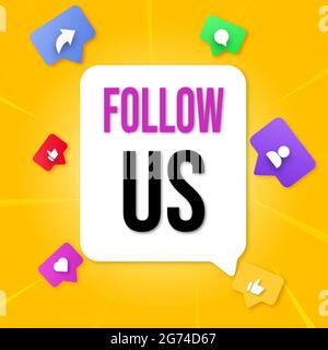 Follow us text. Vector illustration isolated on yellow background Stock Vector