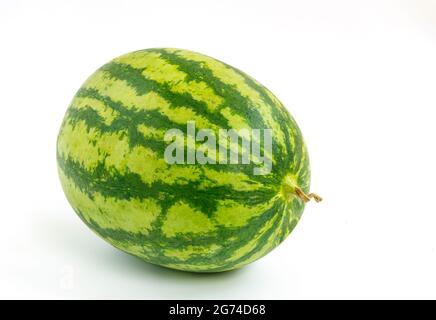 Close up watermelon, isolated whole watermelon on white background. Beautiful skin of organic watermelon. Stock Photo