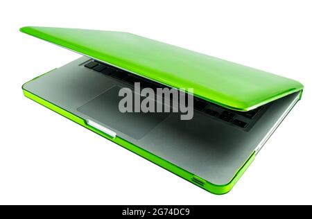 Beautiful modern laptop with shinny green case protection, computer laptop that is slight tilt, top view 45 degrees, cover slightly ajar. Isolated lap Stock Photo