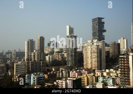 Mumbai; Maharashtra; India- Asia; Feb, 2015 : Mukesh Ambani's billion-dollar residence Antilia house on Altamount Road The world's most expensive home Stock Photo