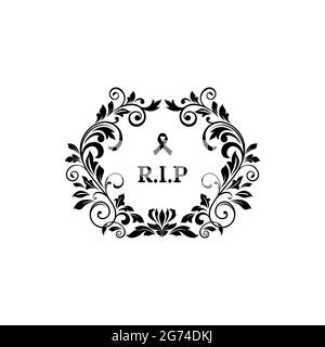 RIP lettering floral funeral frame, ornate grief with monochrome sorrow tape. Vector memory inscription to deceased or dead. Death calligraphy on tomb Stock Vector