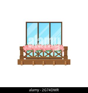 Balcony window of house building facade, wood banister porch, vector. Apartments terrace with wooden fence or railing banister, modern architecture of Stock Vector