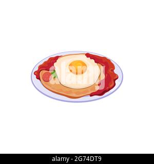 Fried egg on corn tortilla huevos rancheros on plate isolated mexican cuisine food. Vector breakfast dish consisting of eggs served in raditional larg Stock Vector