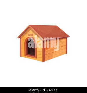 Doghouse isolated wooden dog house realistic icon. Vector wooden home of dog with roof and bone above enter. Empty construction for pet animals, brown Stock Vector