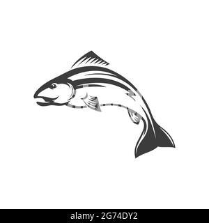 Fish atlantic salmon isolated monochrome icon. Vector char grayling whitefish fishing sport trophy. Trout sea food, fishery mascot. Underwater animal, Stock Vector