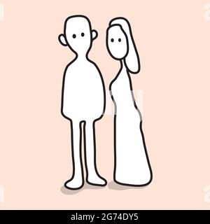 Vector Doodle couple cartoon man and woman icon, unpredictable emotion, flat graphic illustration, black ink line. Stock Vector