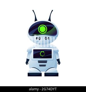 Digital cartoon robot with antennas on head isolated realistic kids toy. Vector plastic hi-tech character, modern stylish robotic cyborg, humanoid rob Stock Vector