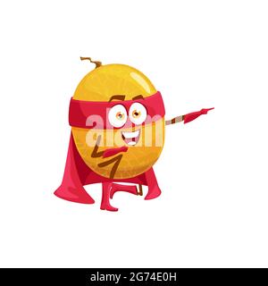 Melon superhero fruit cartoon character, vector food in super hero costume and mask. Happy melon fruit with energy power in magic cape, organic natura Stock Vector